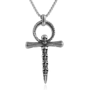 Stainless Steel <b>Cross</b> Pendant With Skulls Silver Necklace For Men Punk Style 24080 - Product Image 1