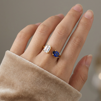 Bague ouverte en laiton plaqué or 14 carats de qualité supérieure avec double pierre pour mariages, saphir en forme de goutte d'eau et zircone carrée, éclat explosif