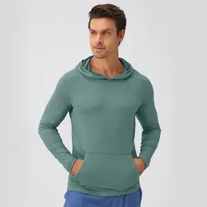 2024 Spring New Style Quick Dry Long Sleeve Big Front Pocket Sports Shirts With Hat Breathable Slim Fit Men's Gym Hoodies