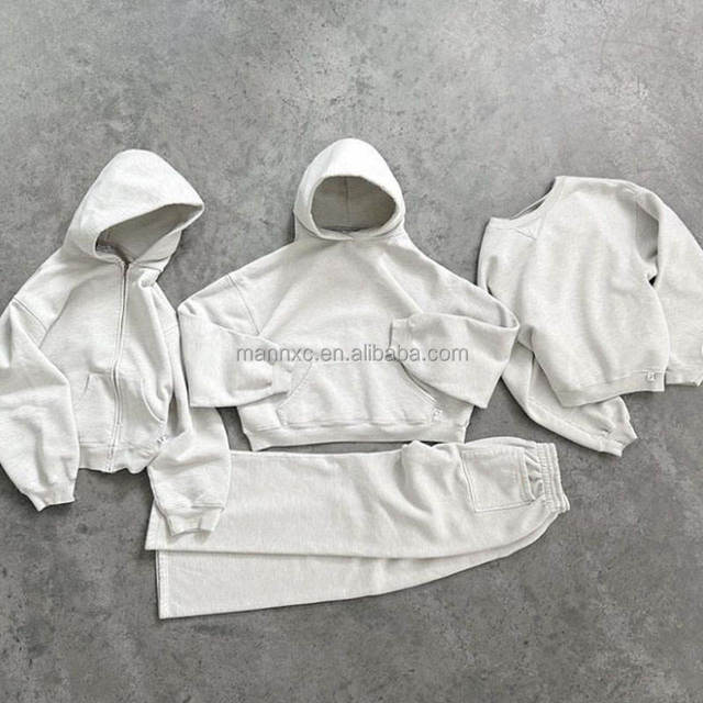 Custom logo 100% 450 Gsm Cotton Oversized Men's Baggy Plain Cropped Heavy Zip up Hoodie and Loose Fit Sweatpants Tracksuit Set