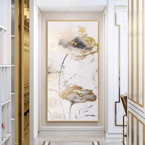 Peinture à l'huile peinte à la main, fleur de lotus abstraite, cadre doré, rectangle, art mural moderne de luxe léger pour entrée et couloir - Product Image 2