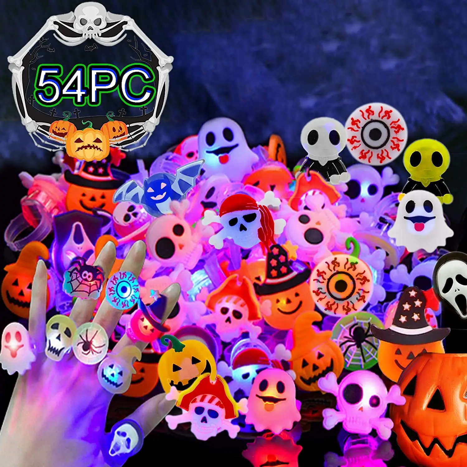 Cincin Led labu Halloween, mainan cincin jari kilat bercahaya karet Jelly lembut berkedip perlengkapan pesta Halloween