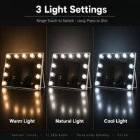 Miroir de maquillage éclairé en bois blanc avec lumières, 37 cm, angle réglable, 3 modes de couleur, variateur d'intensité, capteur tactile