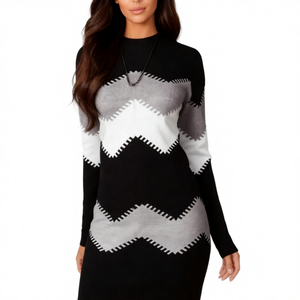 <span class=keywords><strong>Robe</strong></span> <span class=keywords><strong>de</strong></span> soirée longue à manches longues en tricot à blocs <span class=keywords><strong>de</strong></span> couleur noir et blanc pour femmes, vente en gros d'usine, luxe, 100% polyester, longueur genou - Product Image 1