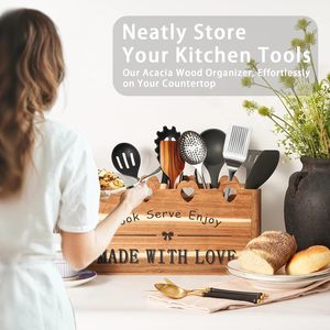 Porte-ustensiles pour comptoir de cuisine, 4 grands compartiments, organisateur en bois, panier de rangement classique, outils de cuisine, couverts - Product Image 3