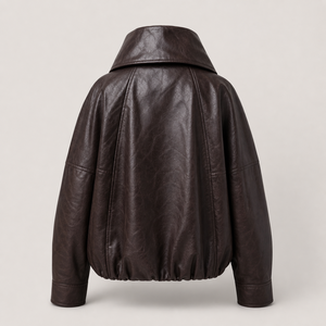 Women's PU Leather <b>Bomber</b> <b>Jacket</b> Stand Collar Quilted Full Sleeve Autumn Solid Color Button Design - Product Image 3
