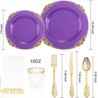 Customizable Transparent Purple Dragon Disposable Tableware Set PS Hard Plastic Gold Rim Relief Plate Dust-Free Paper Wine