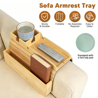 Plateau d'accoudoir de canapé en bambou avec compartiment de rangement latéral, table d'accoudoir pliable avec porte-gobelet pour collations, télécommandes et tablettes