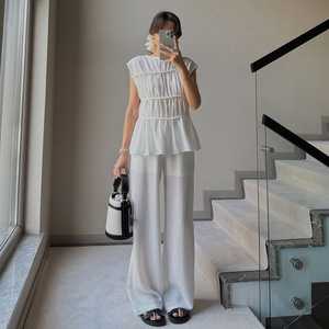Set <span class=keywords><strong>taglie</strong></span> <span class=keywords><strong>forti</strong></span> da donna abito Casual collo a o senza maniche plissettato pantaloni larghi da ufficio elegante completo da donna estivo - Product Image 1