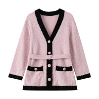 Nouvelle Collection Automne 2026 – Cardigan en Maille Col V pour Femme avec Bordure Contrastante, Manteau Pull Élégant et Tendance à Taille Nouée, Coupe Ajustée