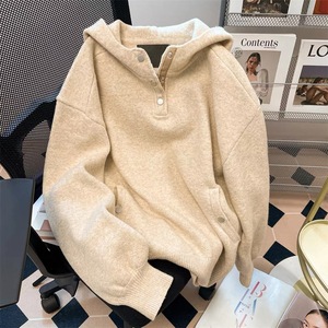 Dalang Women's Hooded Knit <b>Cardigan</b> Loose Fit <b>Thick</b> Wool Sweater Winter Anti-Pilling Full Sleeve Single-Breasted - Product Image 1
