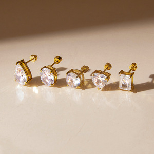 <b>Stud</b> <b>Earrings</b> Zircon Gold Plated Stainless Steel Claw Setting Heart Geometric Everyday Wear - Product Image 2