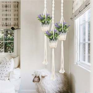 Cesto di frutta per uso domestico intrecciato fioriera sospesa piccoli oggetti appesi Cache <span class=keywords><strong>fioriere</strong></span> pancia di fanerogame con pompon maglia da bagno - Product Image 4