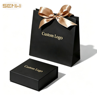 Boîte cadeau rigide noire pour bijoux, logo personnalisé en relief doré, ruban satiné, nœud, sac de shopping en papier écologique imperméable, ensemble