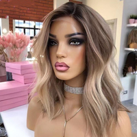 Perruque courte ondulée bob en cheveux humains européens de qualité, couleur ombrée blond cendré, double épaisseur, avec dentelle suisse frontale