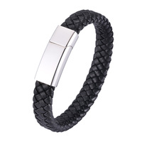 Bracelet en cuir noir tressé vintage avec fermoir magnétique pour homme, vente en gros dropshipping de bijoux de luxe pour hommes
