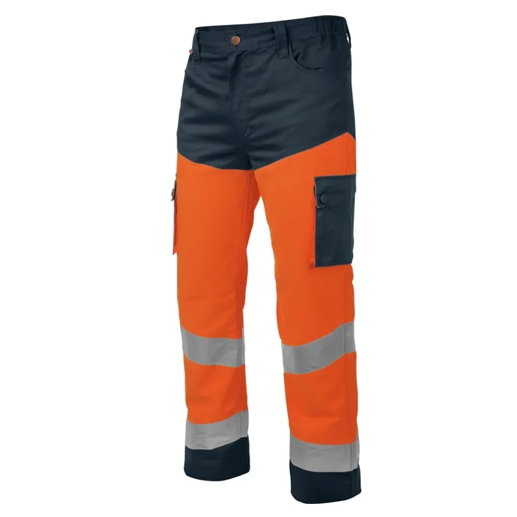 Pantalon <span class=keywords><strong>fluo</strong></span> EN 20471, pantalon de signalisation, orange et bleu marine avec poches numérotées