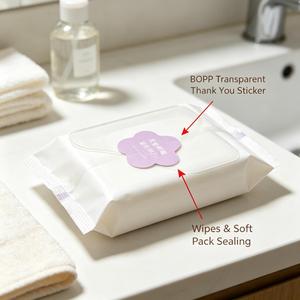 Etichette Adesive Trasparenti BOPP Personalizzate Antimanomissione con Scritta '<span class=keywords><strong>Grazie</strong></span>', Etichette Fustellate a Forma di Fiore <span class=keywords><strong>per</strong></span> Confezioni di Salviette Umidificate e Prodotti Igienici - Product Image 4