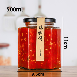 Bouteilles hexagonales en verre borosilicate transparent avec couvercles métalliques à vis pour le miel, la confiture, la sauce piquante, le stockage des aliments - Product Image 1