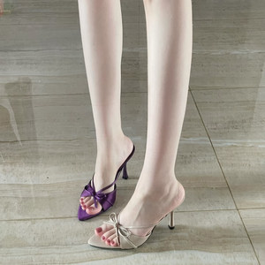 Mules à talons hauts pour femmes style français 2026 avec nœud et design en satin, élégantes pantoufles d'été pour l'extérieur - Product Image 4