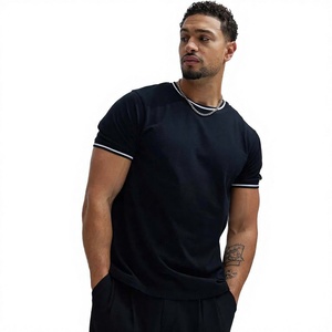T-shirt en coton à manches courtes pour hommes Twin City, noir uni avec bordure contrastée blanche, coupe décontractée - Product Image 1