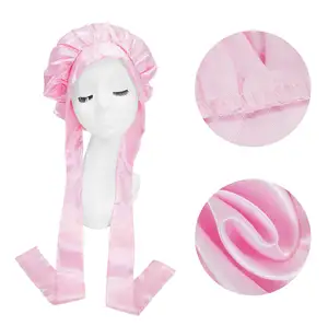 Hair Bonnets Custom Logo Pink Silk Satin Soft Long Braid Bonnets For Woman Sleeping