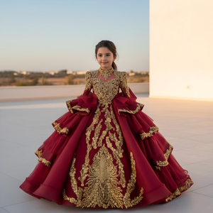 Vestido de Quinceañera Rojo y Dorado con Flores, Vestidos de 15 Años con Lentejuelas, Cuentas y Encaje, Vestido de Fiesta Xs202 - Product Image 1