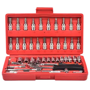 46pcs/set 1/4 Inch CR-V Ratchet Auto Repair Mechanic Wrench Sleeve Kit Hand Tool Toolbox Combination Socket Wrench Kit