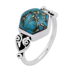 Bague de mariage unisexe en argent sterling 925 avec serti hexagonal de luxe en turquoise cuivrée bleue - Product Image 5