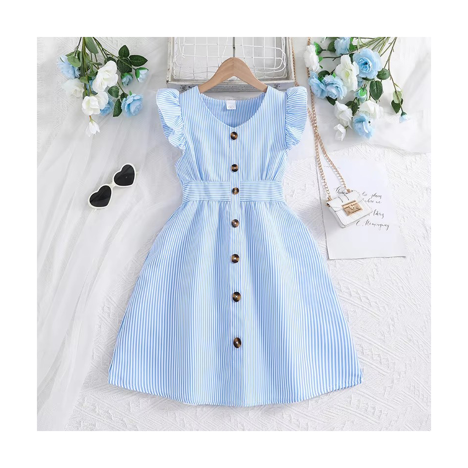 2024 Summer Casual Teenage Girl Clothes Ruffle Fly Sleeve V Neck Striped  Print Casual Dress Holiday Dresses for Children| Alibaba.com