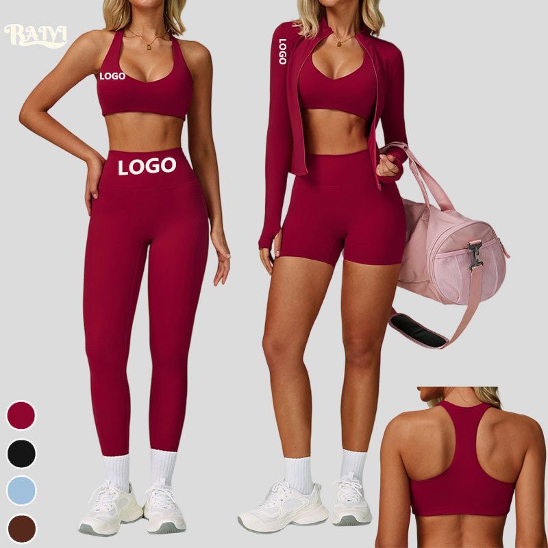 Custom Logo Women Workout Sets Quick-drying Bra Shorts Pants Zipper Coats Three-piece Sports Sets Outdoor Gym Wear Women Sets