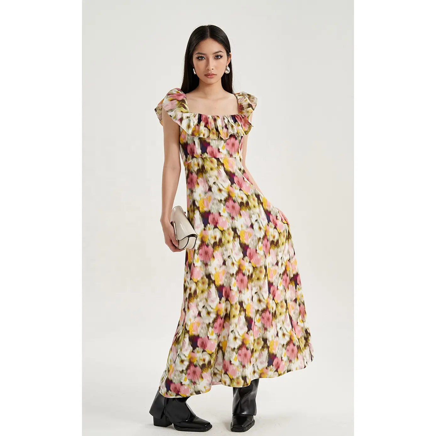 Custom Women Dress Casual Dresses Frill Hollow Out Sexy Midi Length Hem Tier Under Bust Tie Ruffle Feature Over Shoulder Floral