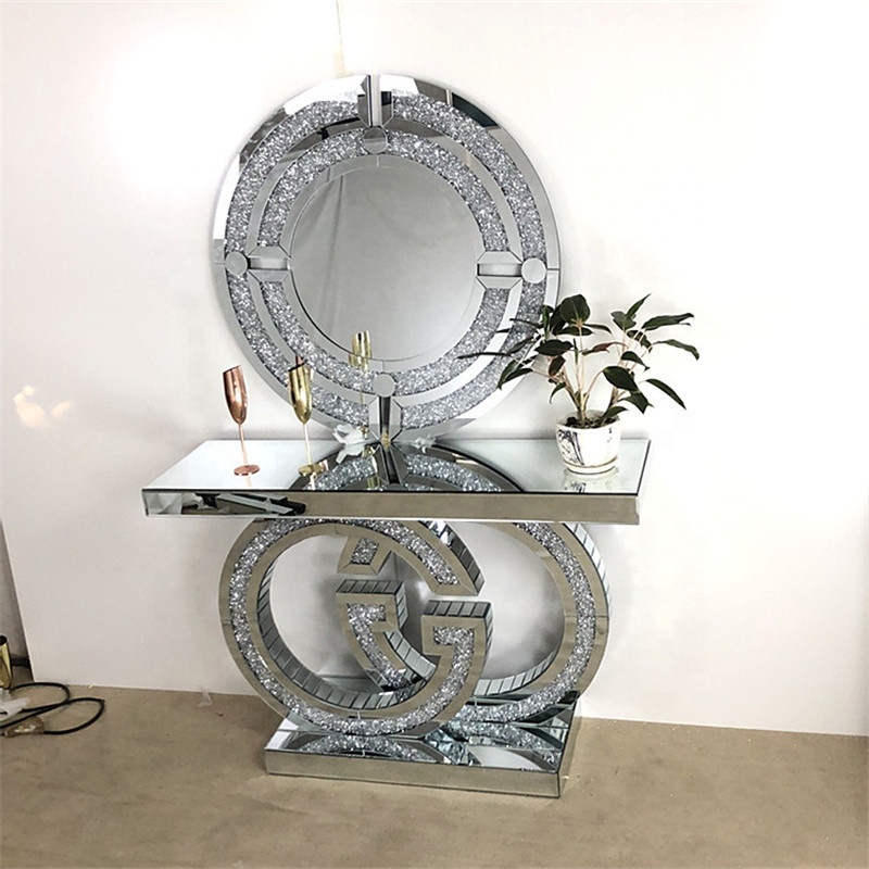 Foshan New Good Furniture Mirror furniture New Design Light Luxury Double G G Diamond Silver Mirrored Console Table