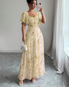 Robe longue élégante décontractée pour femme, idéale pour les fêtes et les vacances, en mousseline florale, col carré, manches courtes à volants, taille haute, coupe trapèze, pour l'été - Product Image 5