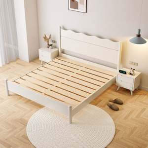 Solid Wood <b>Bed</b> Nordic Cream Style 1.5M Single 1.8M <b>Double</b> Storage <b>Bed</b> With Hard Headboard For Adults And Elderly - Product Image 2