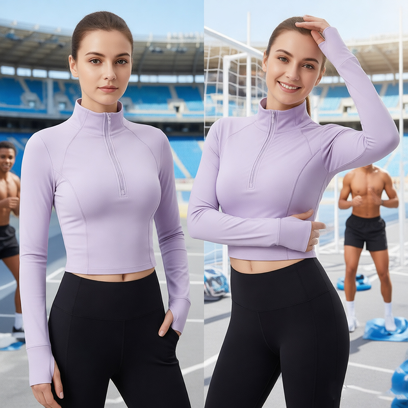 Women's High-Neck Long Sleeve Activewear Top Half-Zip, Cropped Cut, Slim Fit ,Quick-Dry Breathable Yoga & Gym Wear,Tennis