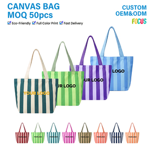 Sac fourre-tout rayé en toile rétro personnalisé pour femmes, grande capacité, sac à bandoulière en coton recyclable, sac de shopping pour les voyages et la salle de sport - Product Image 2