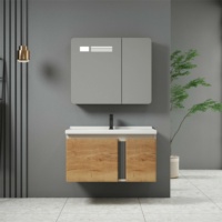Meuble-lavabo flottant moderne en PVC crème personnalisé pour la vente en gros, avec armoire à double porte et miroir LED, idéal pour les projets de construction