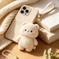 Porte-clés en peluche ours blanc crème Kawaii, mini pendentif visage d'ours mignon et moelleux, animal en peluche doux, anneau de sac, cadeau personnalisé OEM ODM