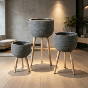 Polyhedral Concrete Finish Standing Flower Planter with Wooden Legs, Indoor Outdoor Decorative Floor Plant Container Wholesale - Product Image 1