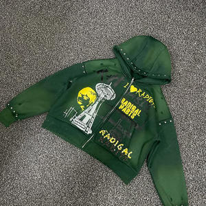 Streetwear personnalisé surdimensionné strass Rivet en détresse impression numérique sweat à capuche zippé soleil délavé à l'acide sweats à capuche unisexe été - Product Image 2
