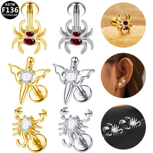 Titanium Plated Spider <b>Stud</b> Earring 1.2x8mm Insect Shape Prong Set Crystal <b>Cartilage</b> Lip Jewelry Unisex ASTM F136 - Product Image 1