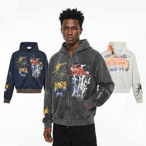 Sweat à capuche zippé oversize imperméable en molleton pour homme, imprimé par pulvérisation, style streetwear, 100 % coton tricoté, coupe classique, pour l'hiver - Product Image 4