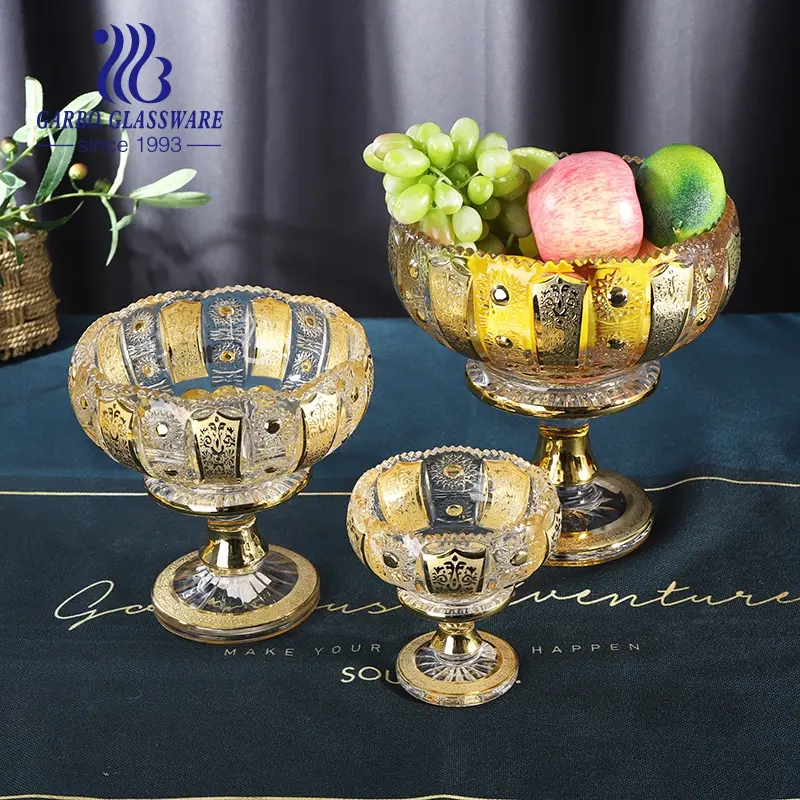 3 PCS 황금 도금 과일 그릇 데칼 디자인 중간 아시아 스타일 발판이 새겨진 그릇 세트 유리 황금 장식