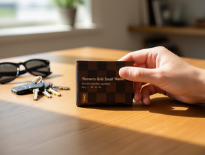 Portafoglio piccolo da donna in microfibra di pelle sintetica con chiusura pieghevole e motivo a quadretti - Product Image 2