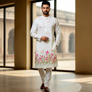 Kurta Pajama en coton à imprimé floral, costume de travail pour homme, Inde, Pakistan, Kurta longue pour adulte avec pantalon Churidar - Product Image 1