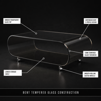 Table basse moderne en verre transparent avec centre en verre courbé, meubles de salon avec roulettes, style panneau en bois pour usage domestique