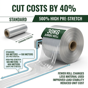 Film étirable LLDPE en rouleau jumbo de 30 kg |   Rouleau maître pré-étiré de qualité industrielle 500 % |   Film d'emballage pour palettes industrielles robustes - Product Image 4