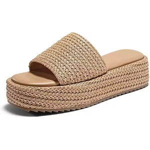 Verano moda lindo lujo punta redonda <span class=keywords><strong>suela</strong></span> gruesa playa negro rafia mujeres zapatillas <span class=keywords><strong>Sandalias</strong></span> planas - Product Image 4