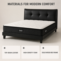 Cadre de lit rembourré réglable en cuir noir moderne avec tête de lit capitonnée, matelas en mousse haute densité, lit plateforme en bois massif